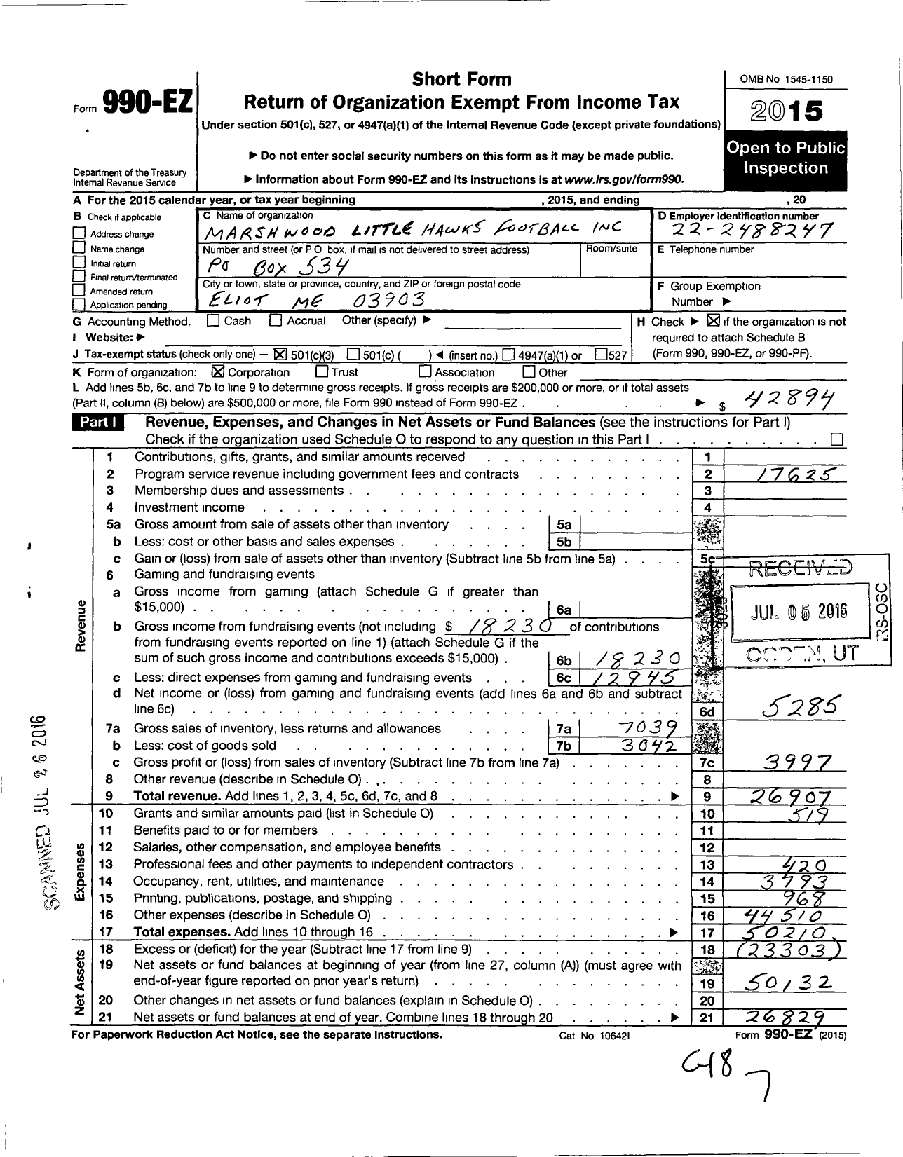 Image of first page of 2015 Form 990EZ for Little Hawks Football