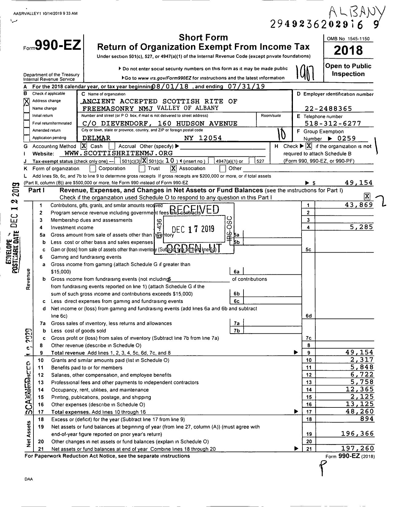 Image of first page of 2018 Form 990EO for Scottish Rite, NMJ - Valley of Albany