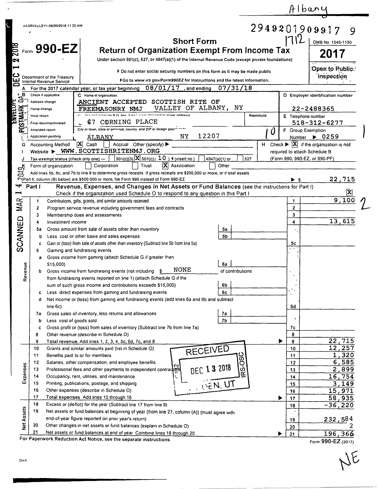 Image of first page of 2017 Form 990EO for Scottish Rite, NMJ - Valley of Albany