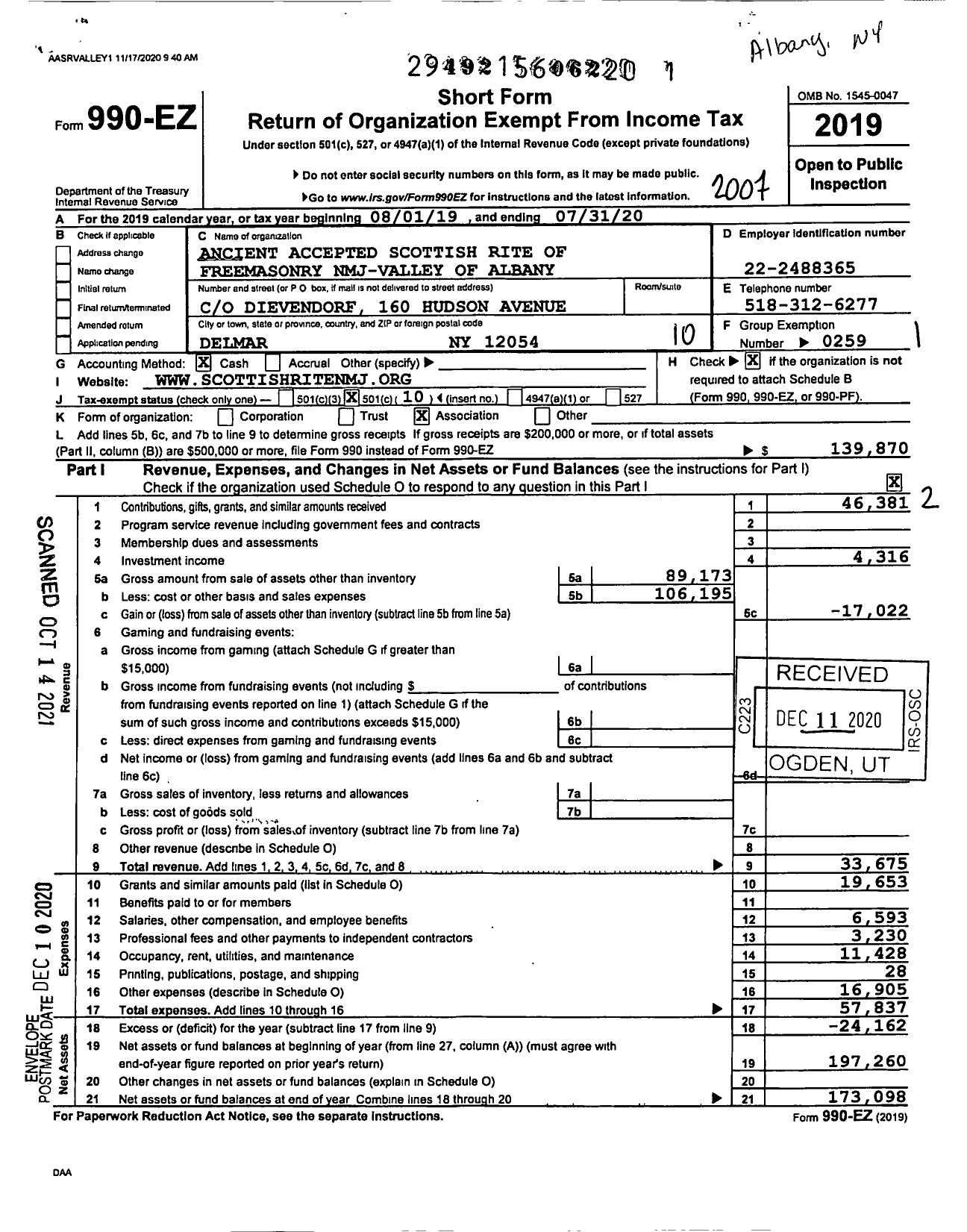 Image of first page of 2019 Form 990EO for Scottish Rite, NMJ - Valley of Albany