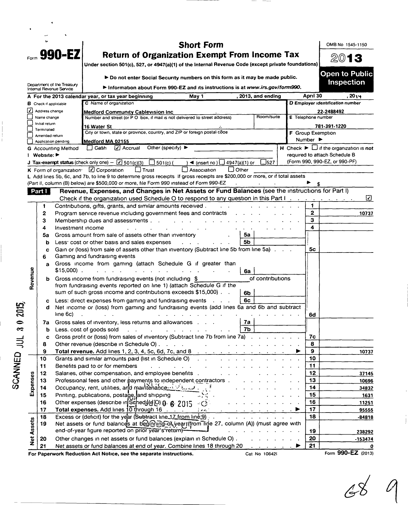 Image of first page of 2013 Form 990EZ for Medford Community Cablevision