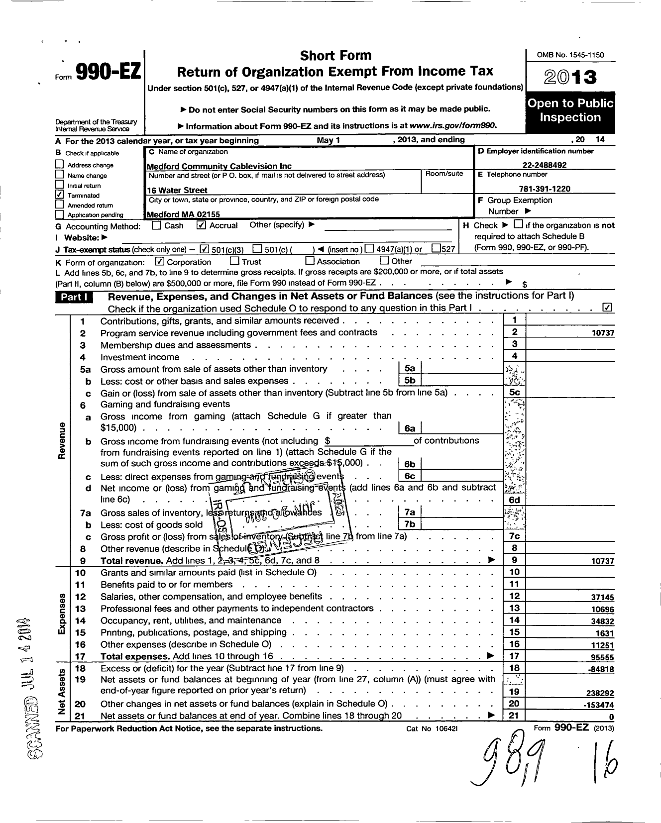 Image of first page of 2014 Form 990EZ for Medford Community Cablevision