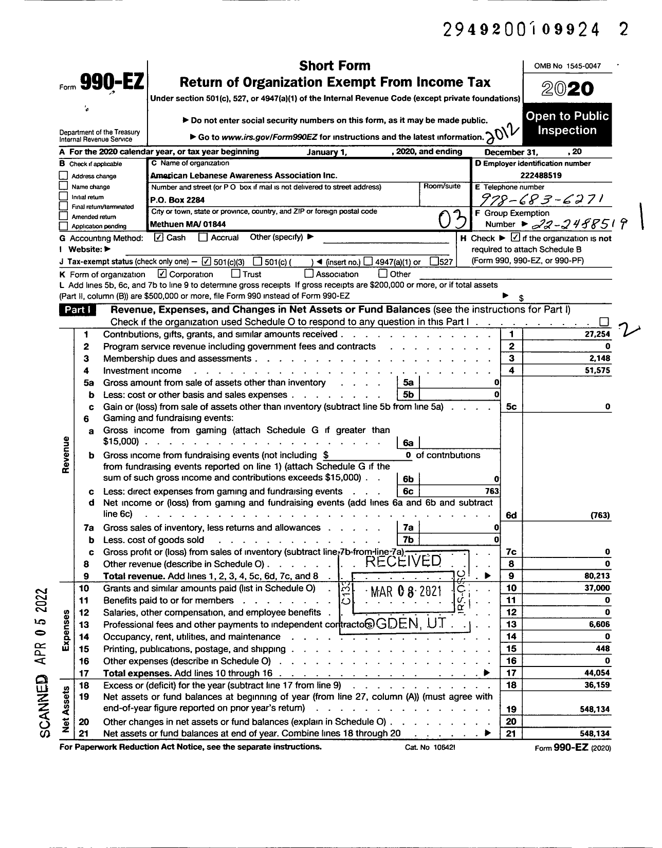 Image of first page of 2020 Form 990EZ for American Lebanese Awareness Association