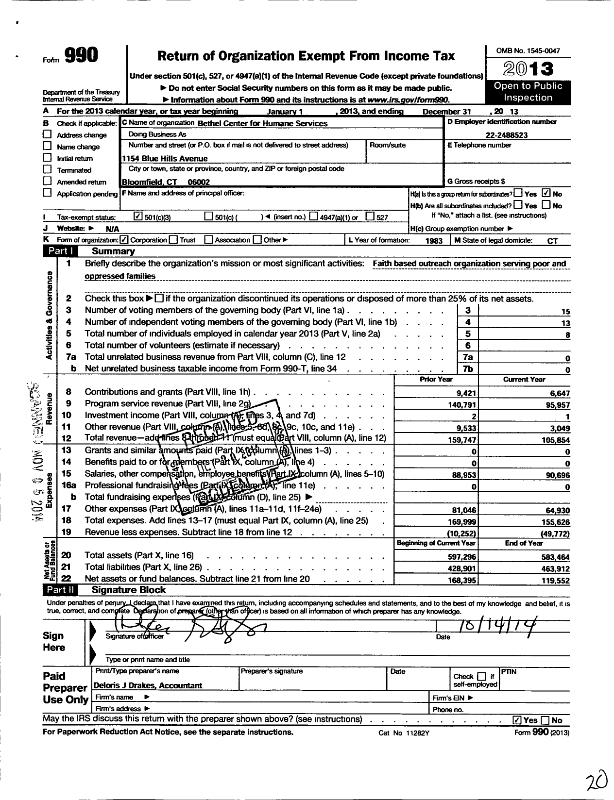 Image of first page of 2013 Form 990 for Bethel Center for Humane Services