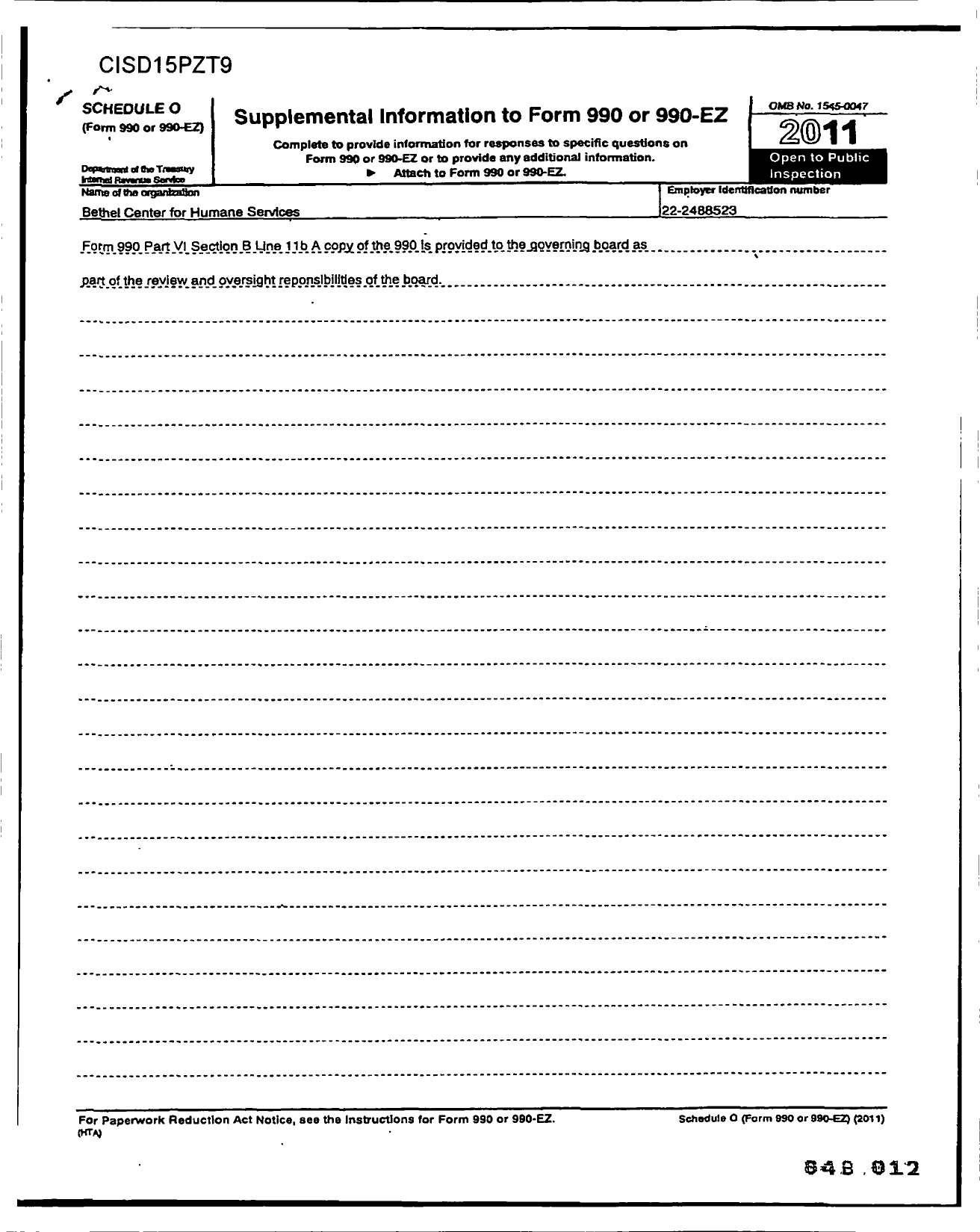 Image of first page of 2011 Form 990R for Bethel Center for Humane Services