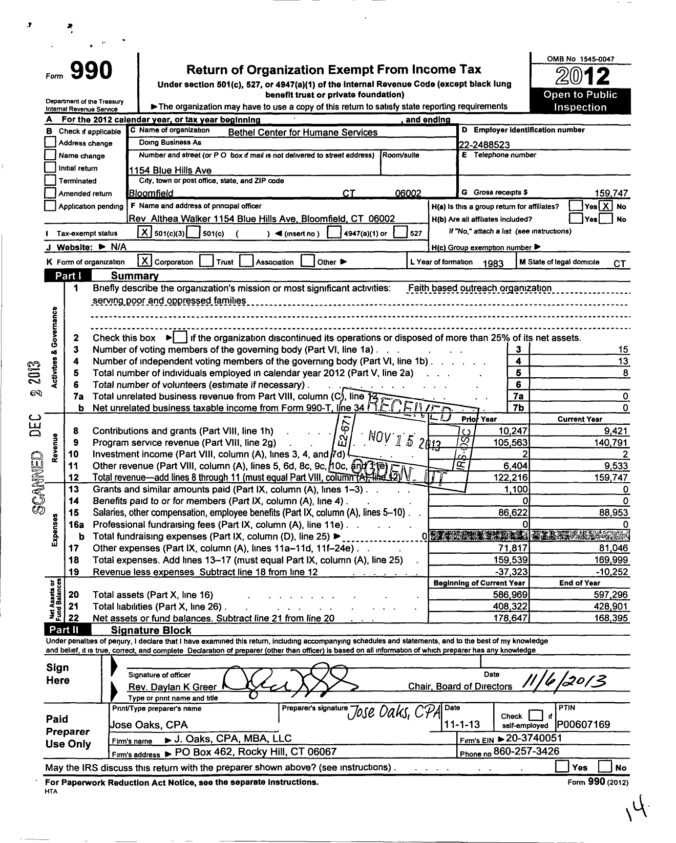 Image of first page of 2012 Form 990 for Bethel Center for Humane Services