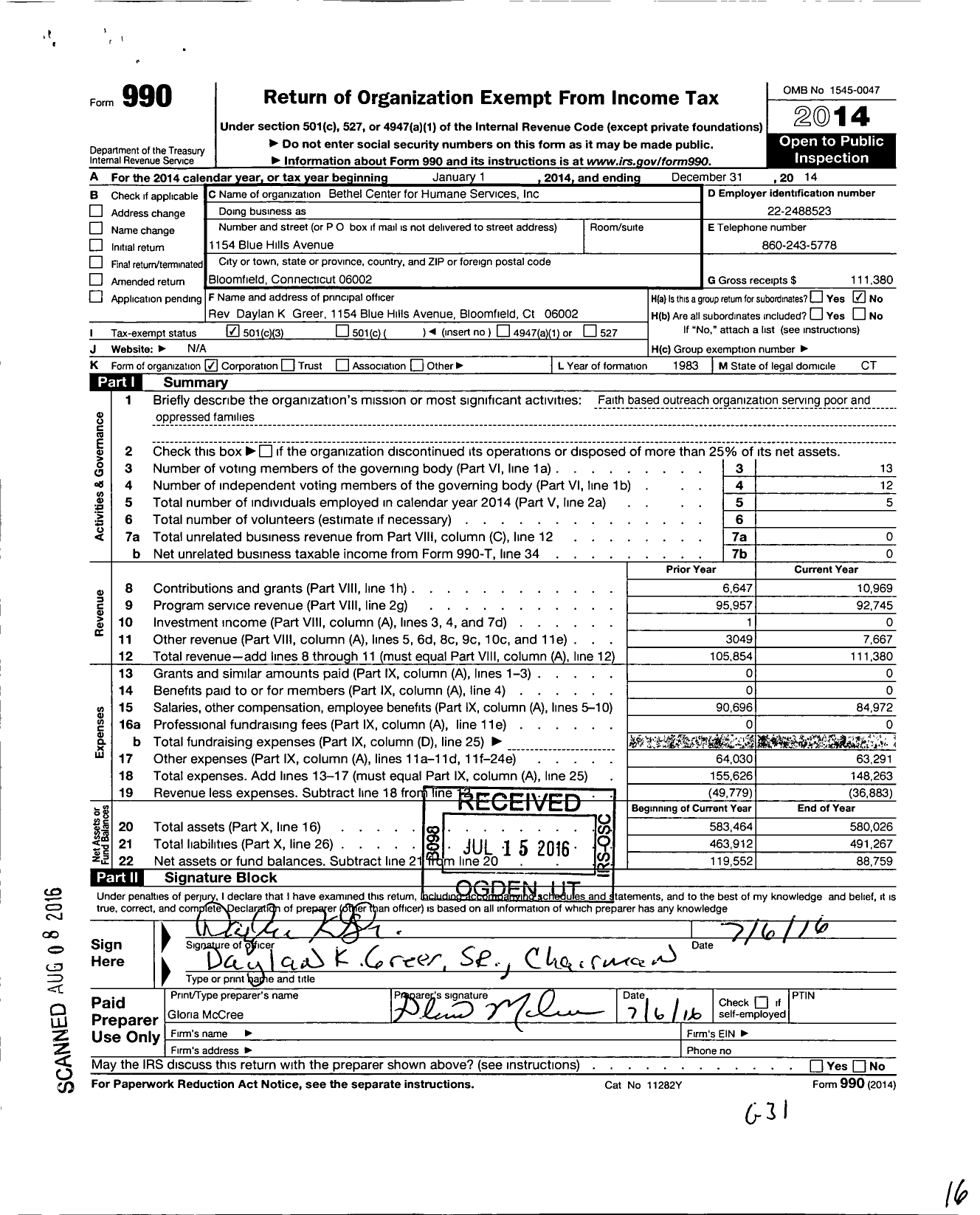 Image of first page of 2014 Form 990 for Bethel Center for Humane Services