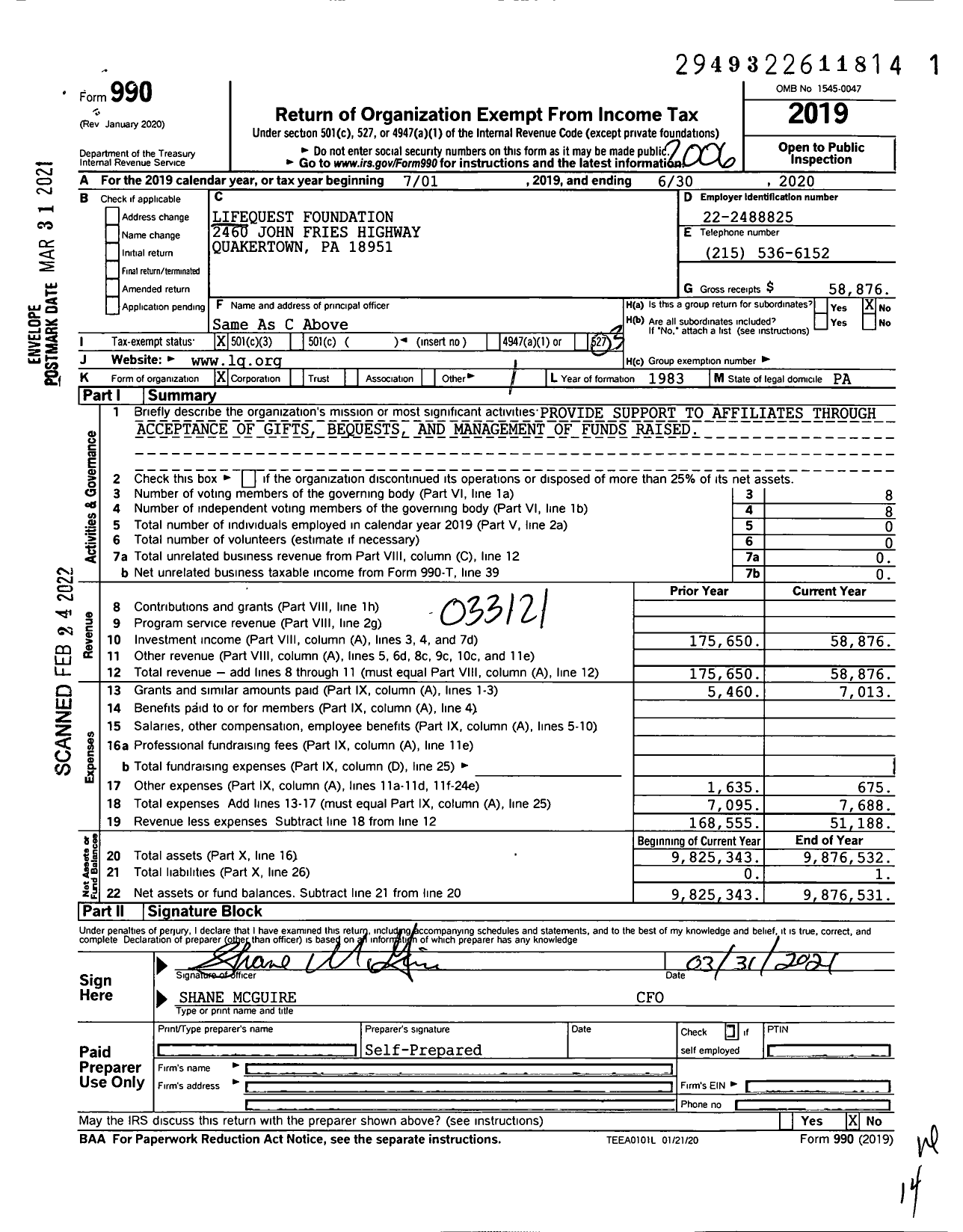 Image of first page of 2019 Form 990 for Lifequest Foundation