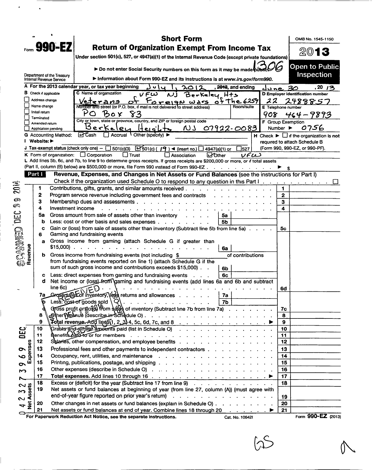 Image of first page of 2012 Form 990EO for Department of New Jersey VFW - 6259 VFW-NJ Berkeley Heights