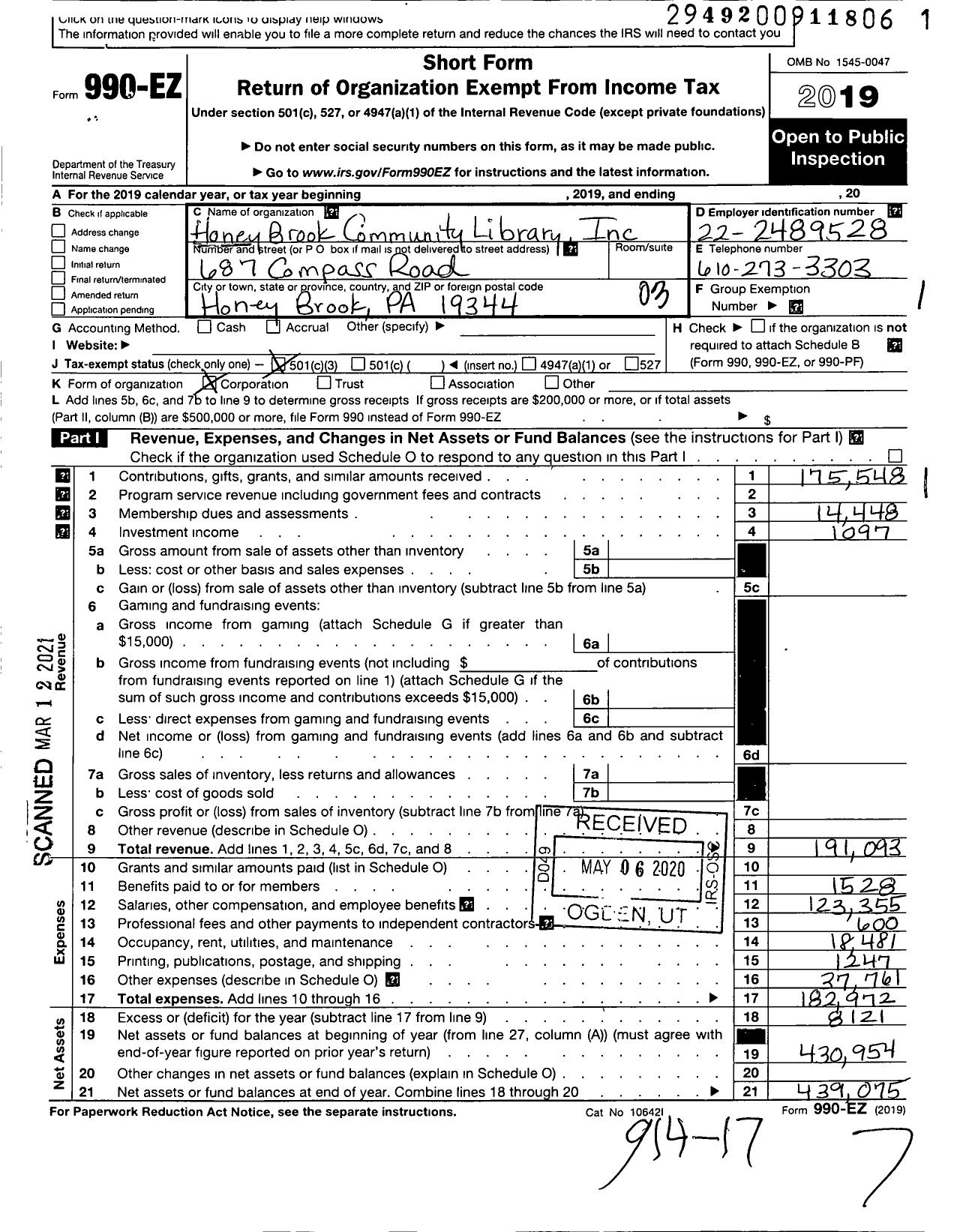 Image of first page of 2019 Form 990EZ for Honey Brook Community Library