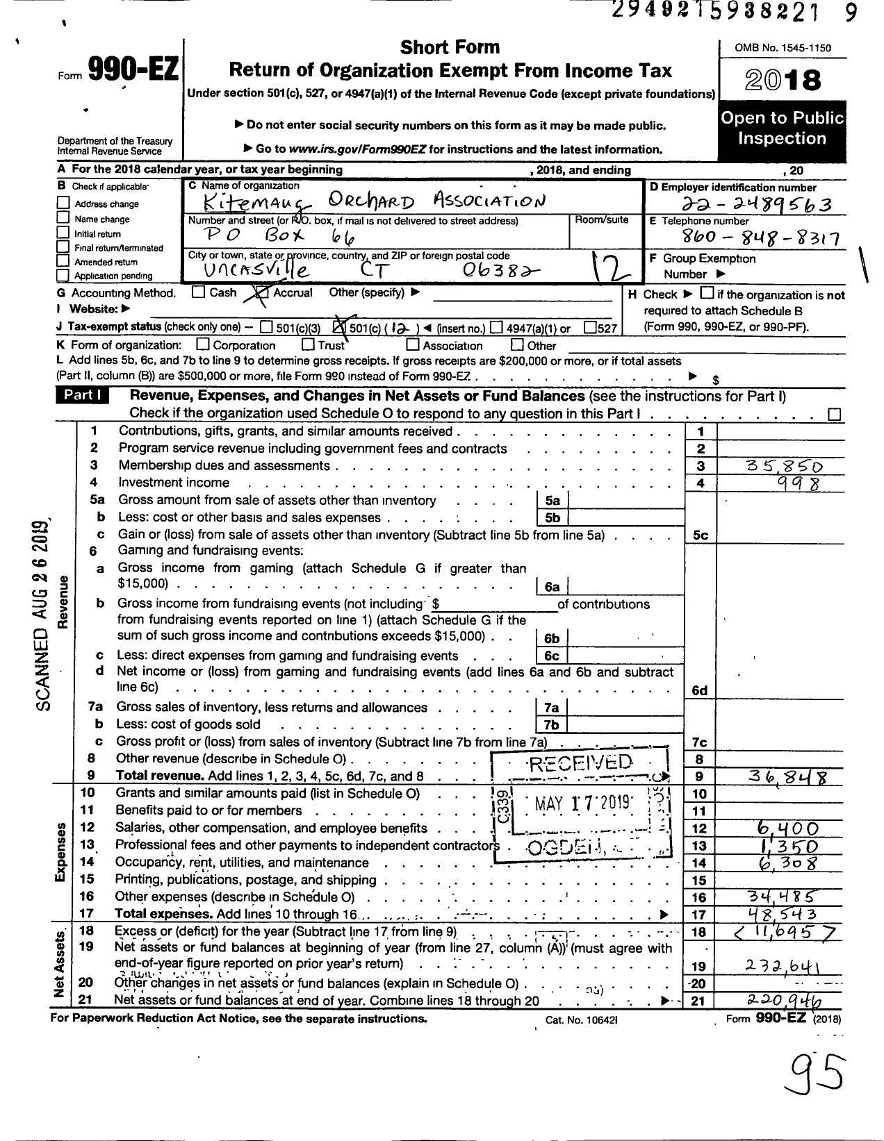 Image of first page of 2018 Form 990EO for Kitemaug Orchards Association Incorporated