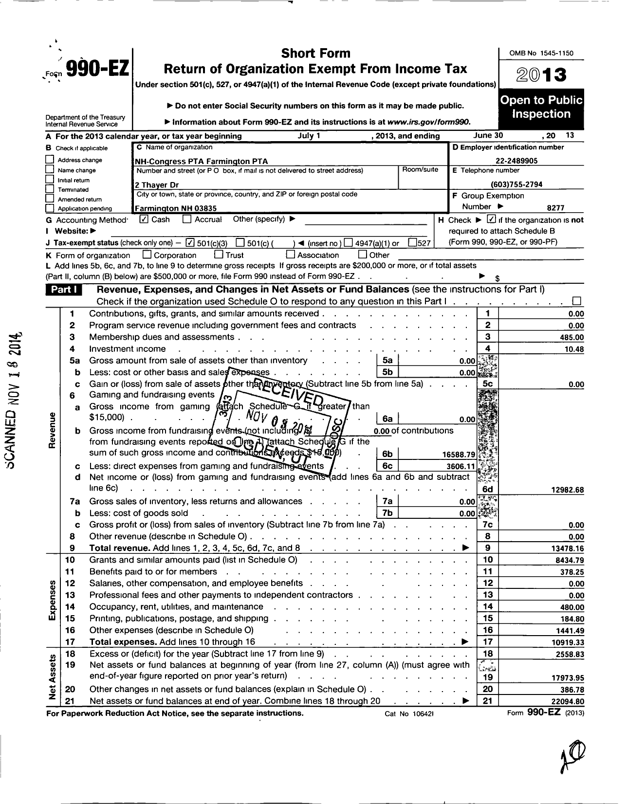 Image of first page of 2012 Form 990EZ for New Hampshire Congress of Parents and Teachers / Farmington PTA