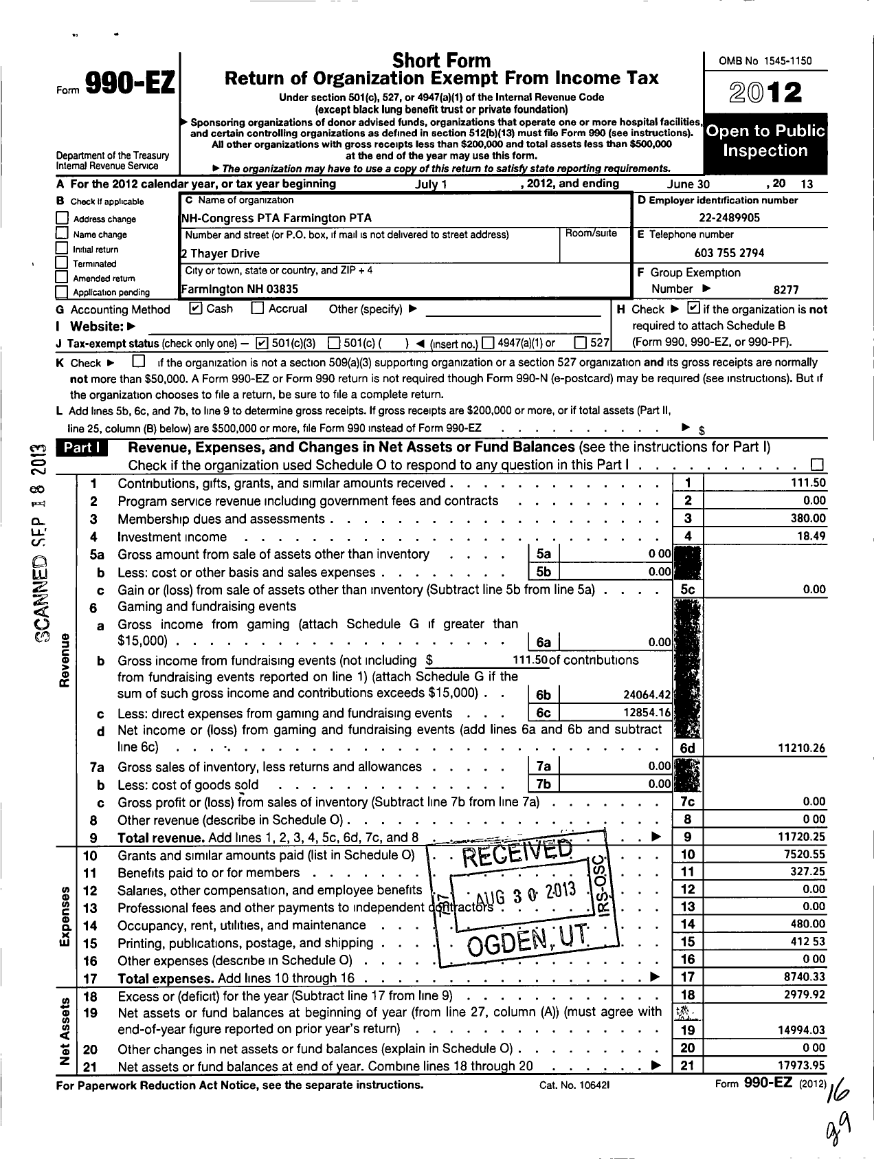 Image of first page of 2012 Form 990EZ for New Hampshire Congress of Parents and Teachers / Farmington PTA