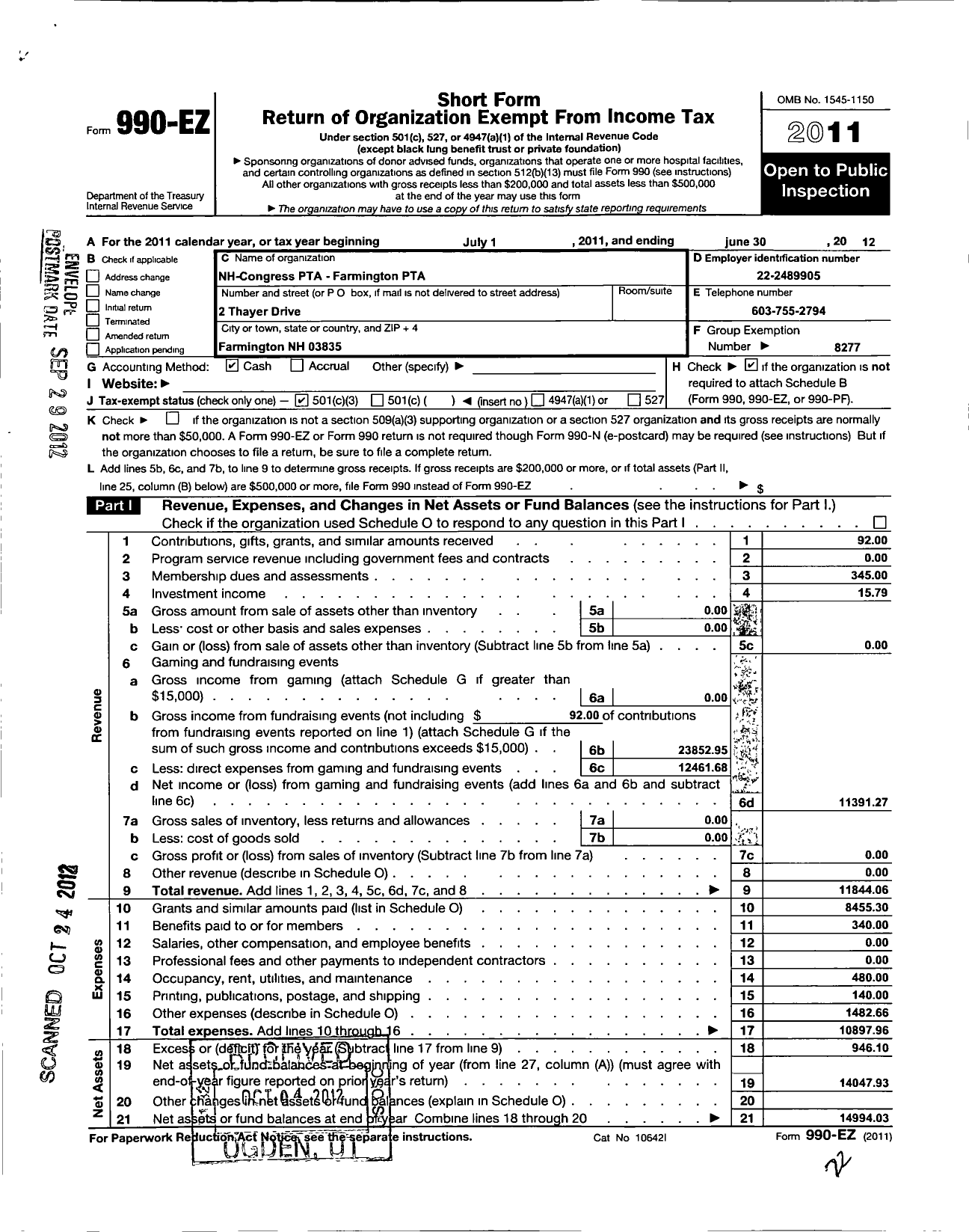 Image of first page of 2011 Form 990EZ for New Hampshire Congress of Parents and Teachers / Farmington PTA