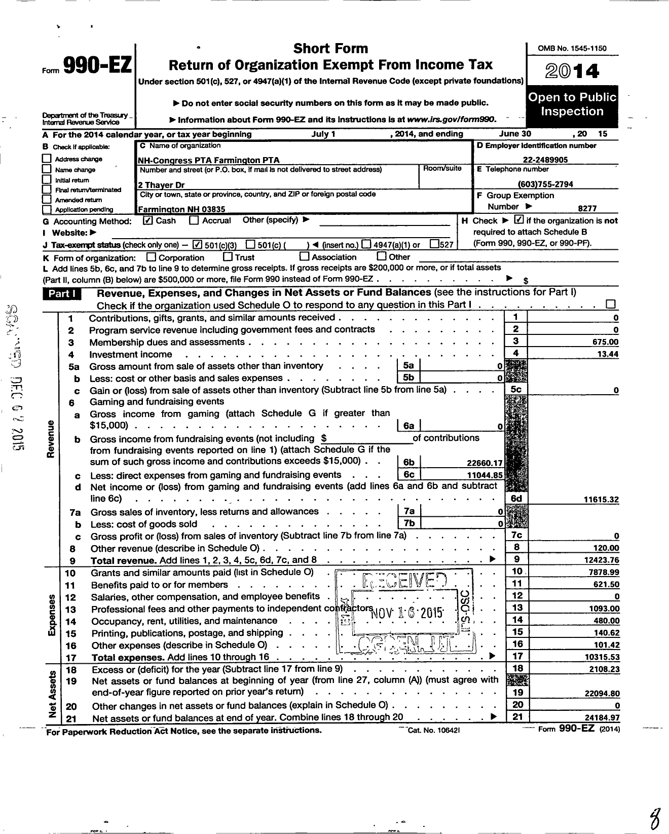 Image of first page of 2014 Form 990EZ for New Hampshire Congress of Parents and Teachers / Farmington PTA