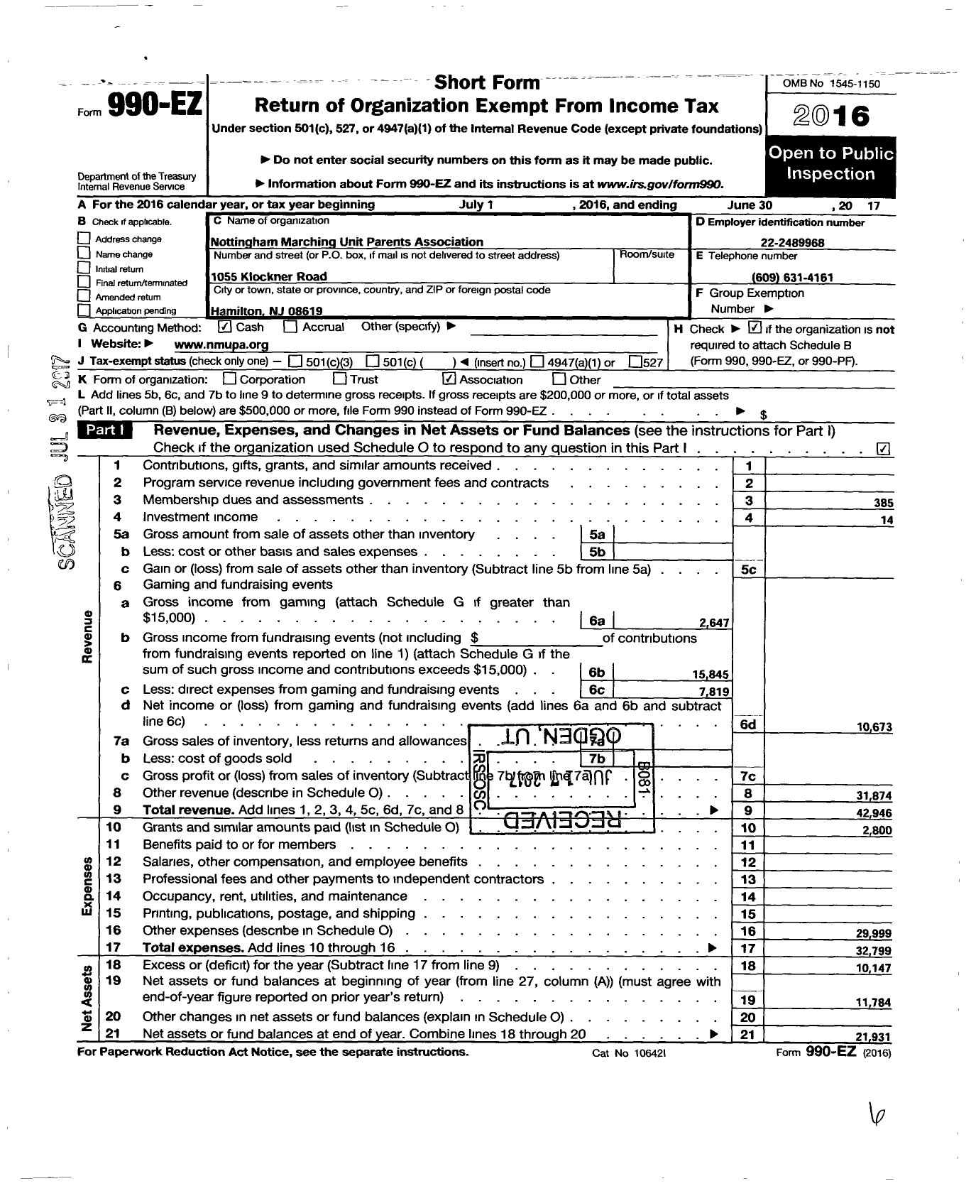 Image of first page of 2016 Form 990EO for Nottingham Marching Unit Parents Association