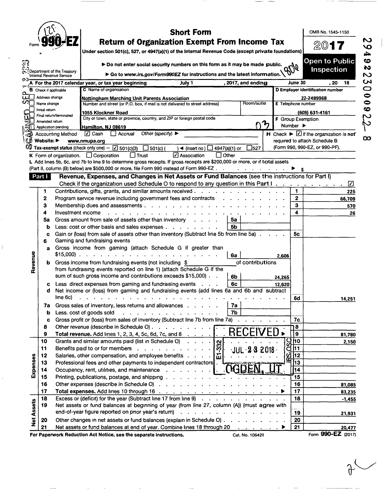 Image of first page of 2017 Form 990EZ for Nottingham Marching Unit Parents Association