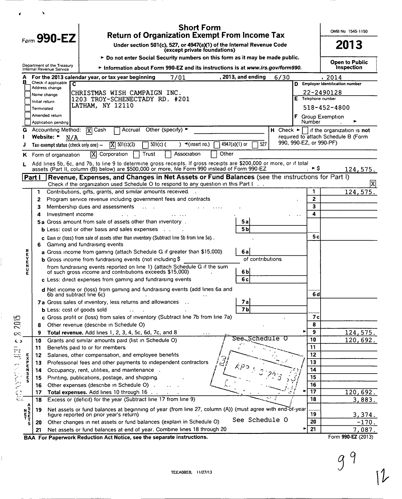 Image of first page of 2013 Form 990EZ for Christmas Wish Campaign