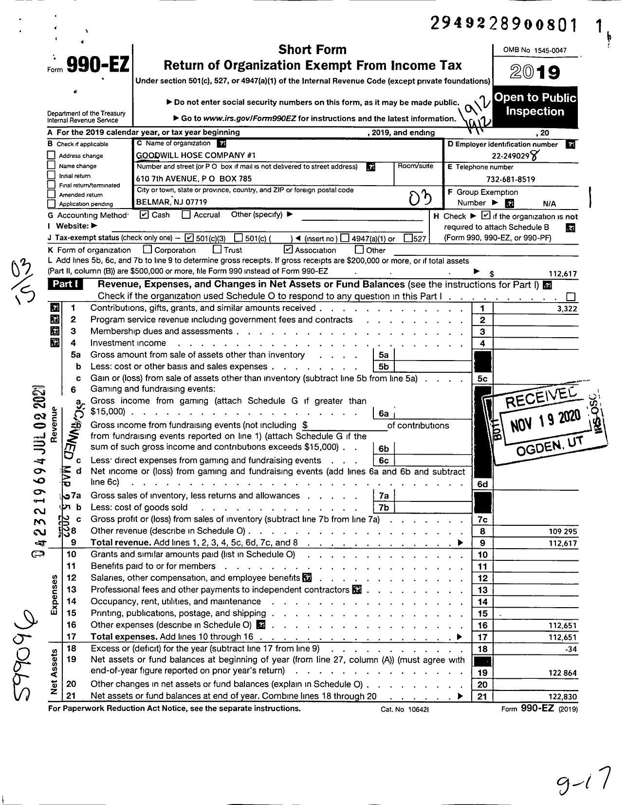 Image of first page of 2019 Form 990EZ for Goodwill Hose Company 1