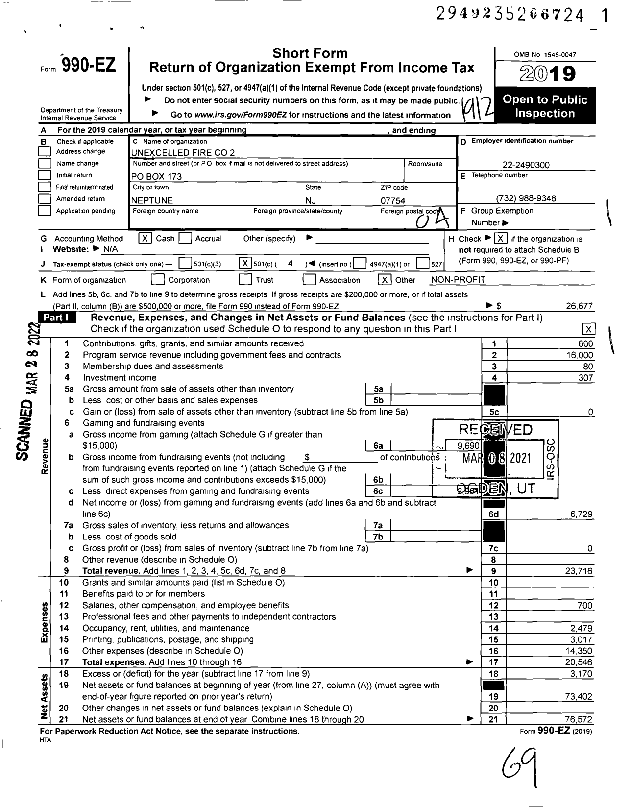 Image of first page of 2019 Form 990EO for Unexcelled Fire Company No 2