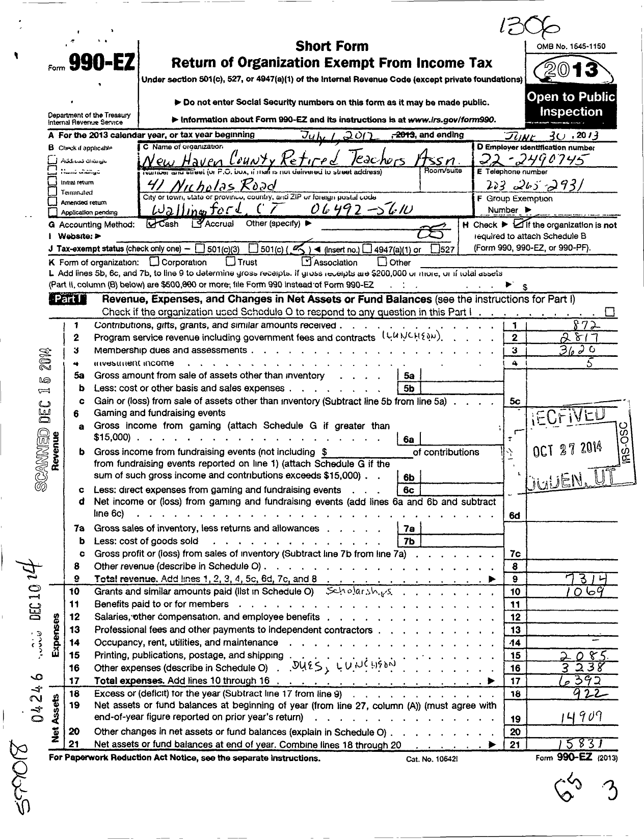 Image of first page of 2012 Form 990EO for New Haven County Retired Teachers Association