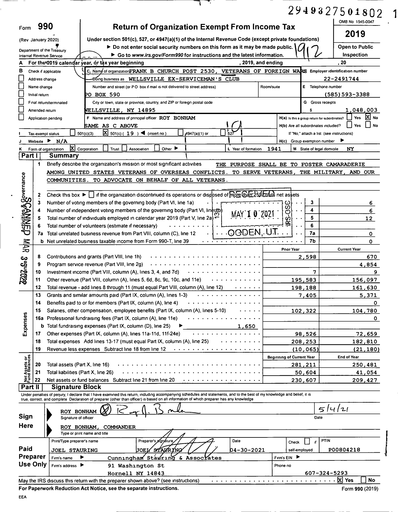 Image of first page of 2019 Form 990O for Department of Ny VFW - Frank B Church Post 2530