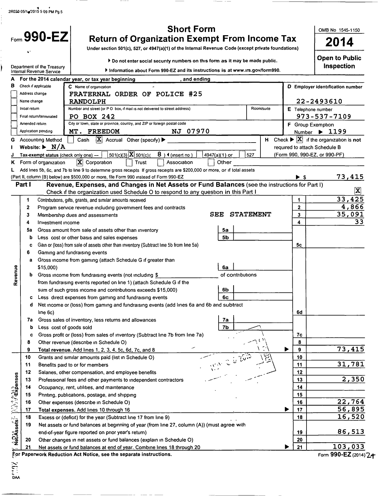 Image of first page of 2014 Form 990EO for Fraternal Order of Police #25 Randolph