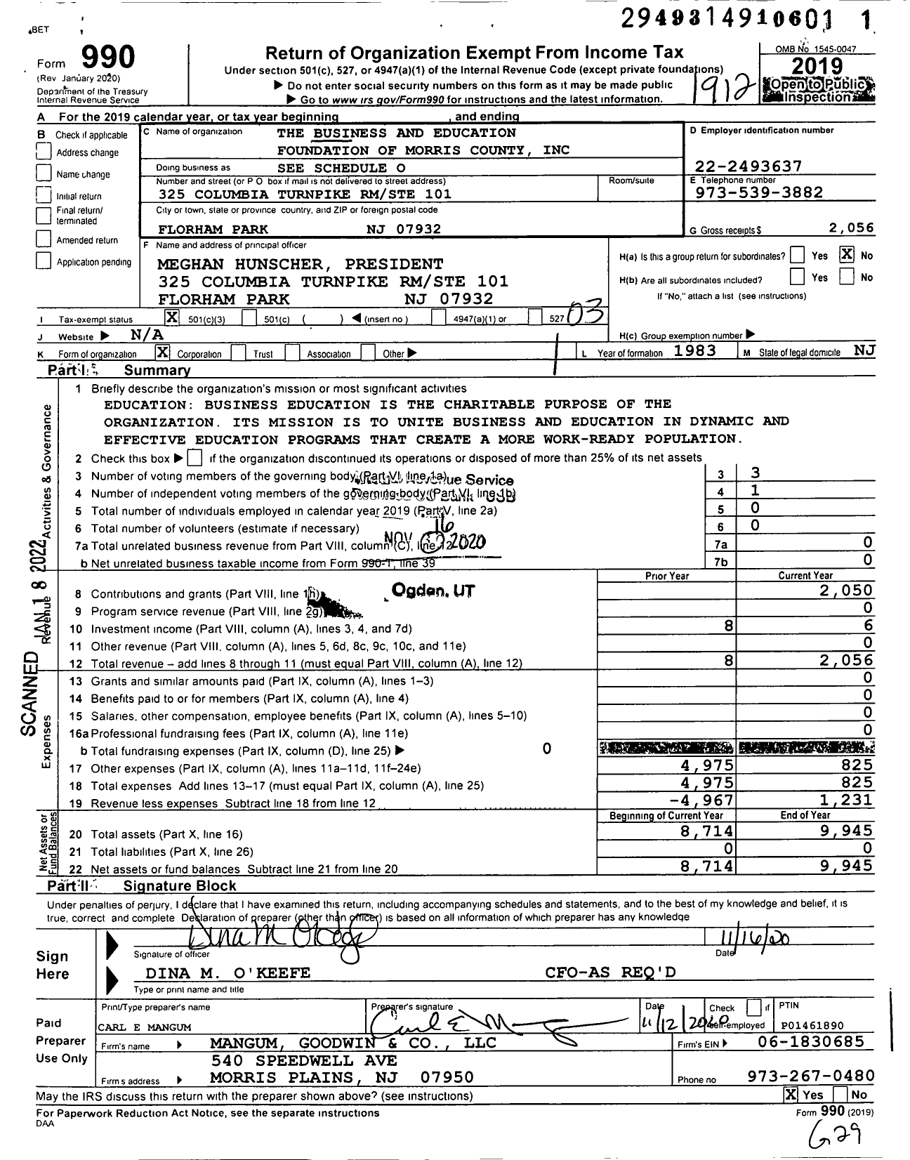 Image of first page of 2019 Form 990 for The Business and Education Foundation of Morris County