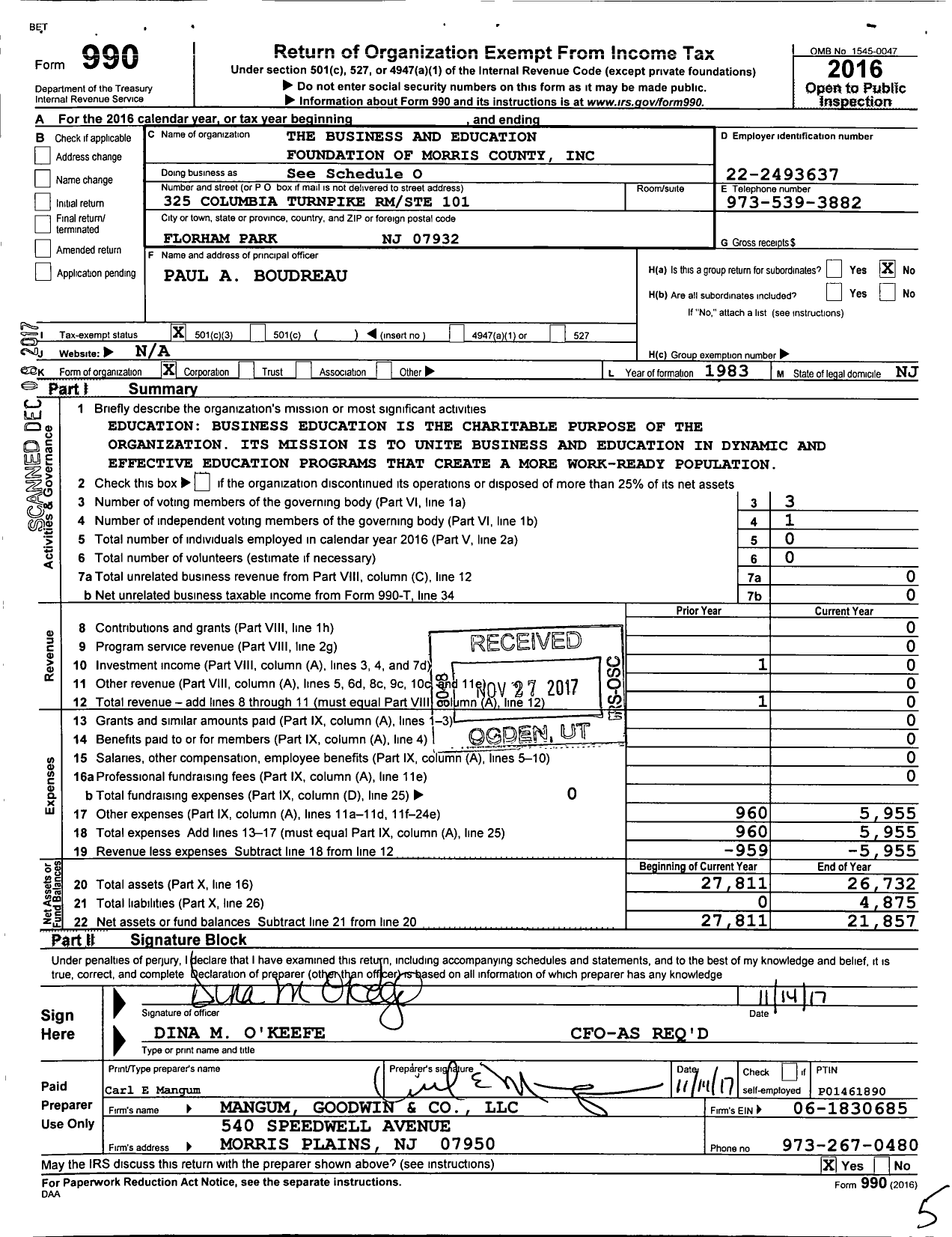 Image of first page of 2016 Form 990 for The Business and Education Foundation of Morris County