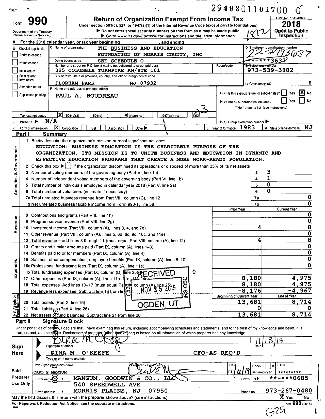 Image of first page of 2018 Form 990 for The Business and Education Foundation of Morris County