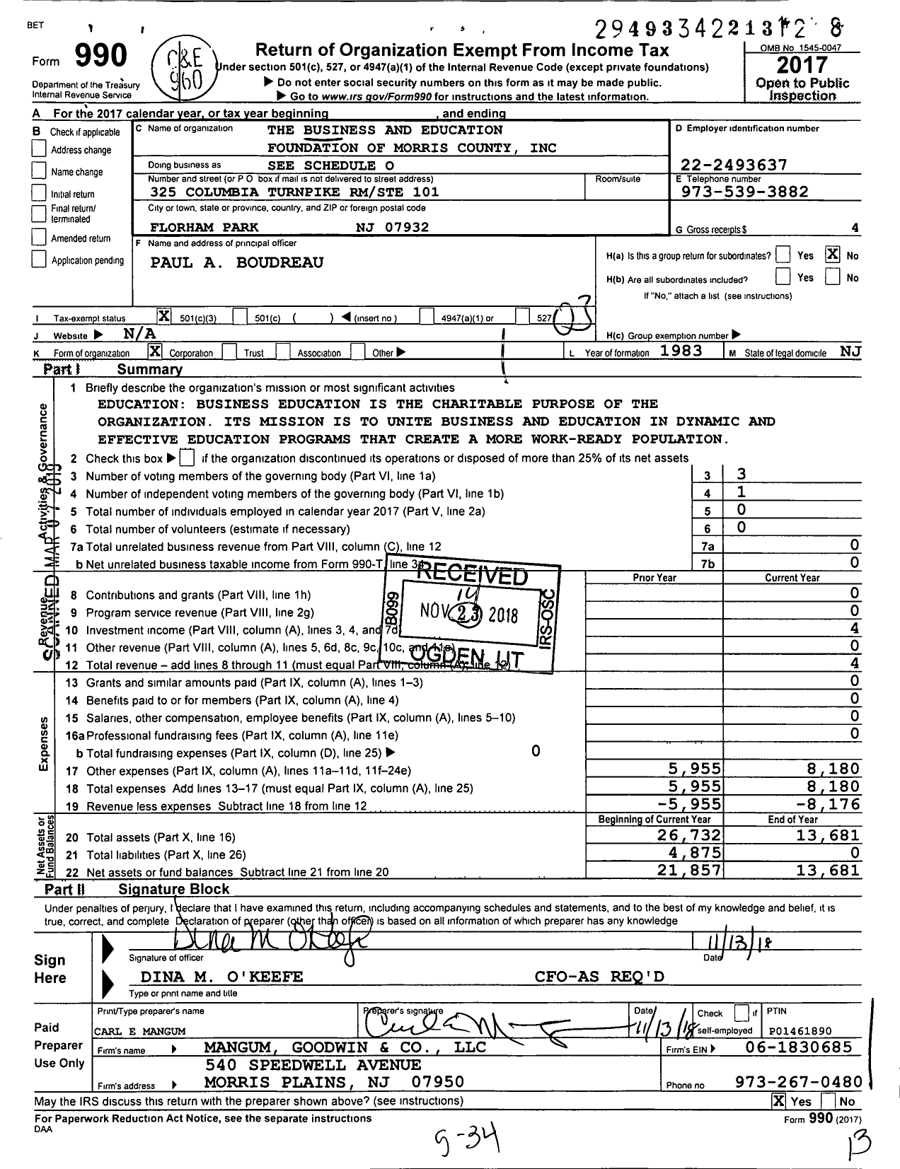 Image of first page of 2017 Form 990 for The Business and Education Foundation of Morris County