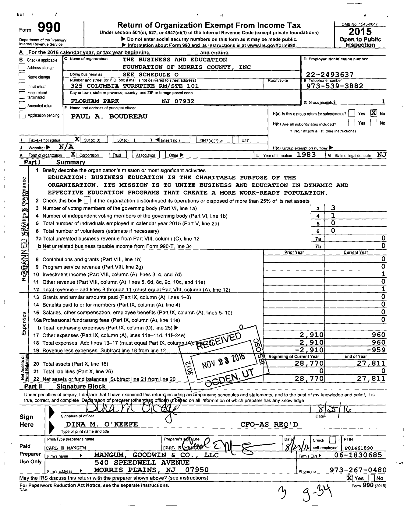 Image of first page of 2015 Form 990 for The Business and Education Foundation of Morris County