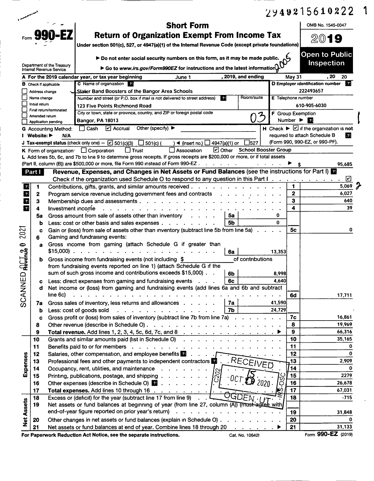 Image of first page of 2019 Form 990EZ for Slater Band Boosters of the Bangor Area Schools