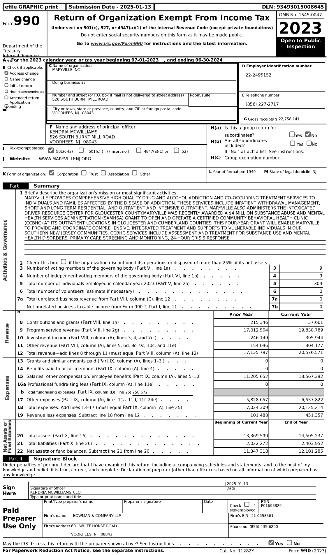 Image of first page of 2023 Form 990 for Maryville Incorporated