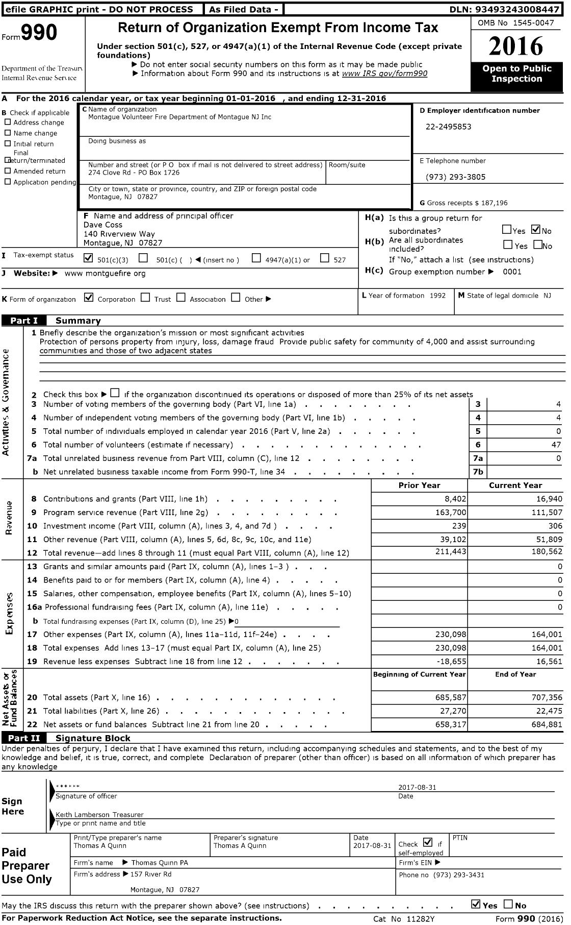 Image of first page of 2016 Form 990 for New Jersey State Firemen's Association - Montague TWSP