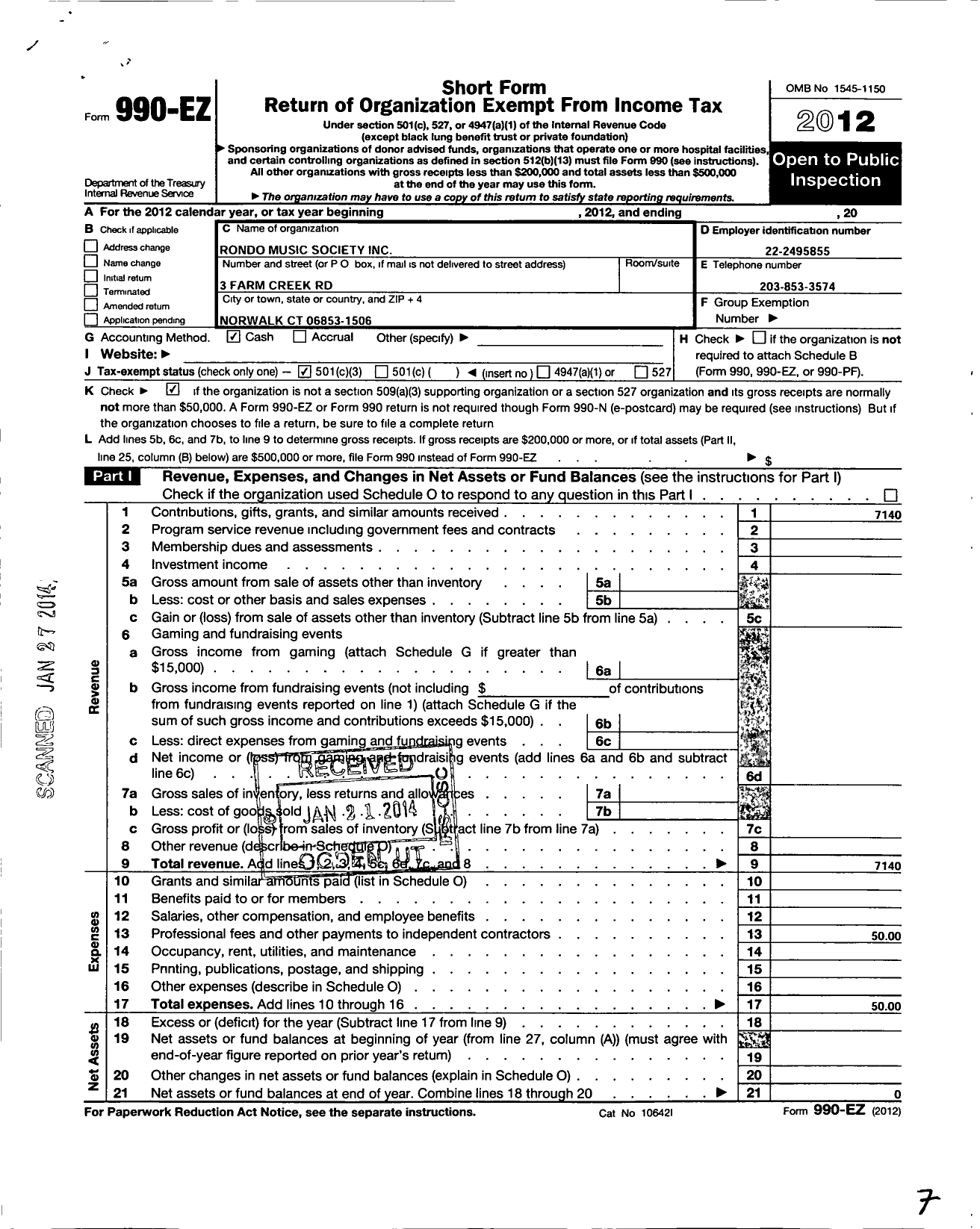 Image of first page of 2012 Form 990EZ for Rando Music Society