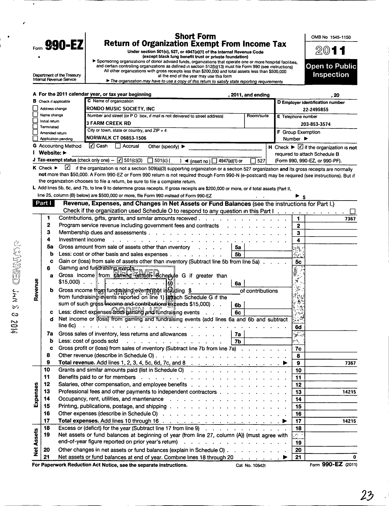 Image of first page of 2011 Form 990EZ for Rando Music Society