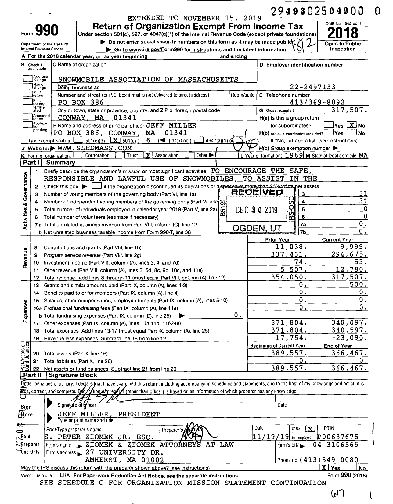 Image of first page of 2018 Form 990O for Snowmobile Association of Massachusetts