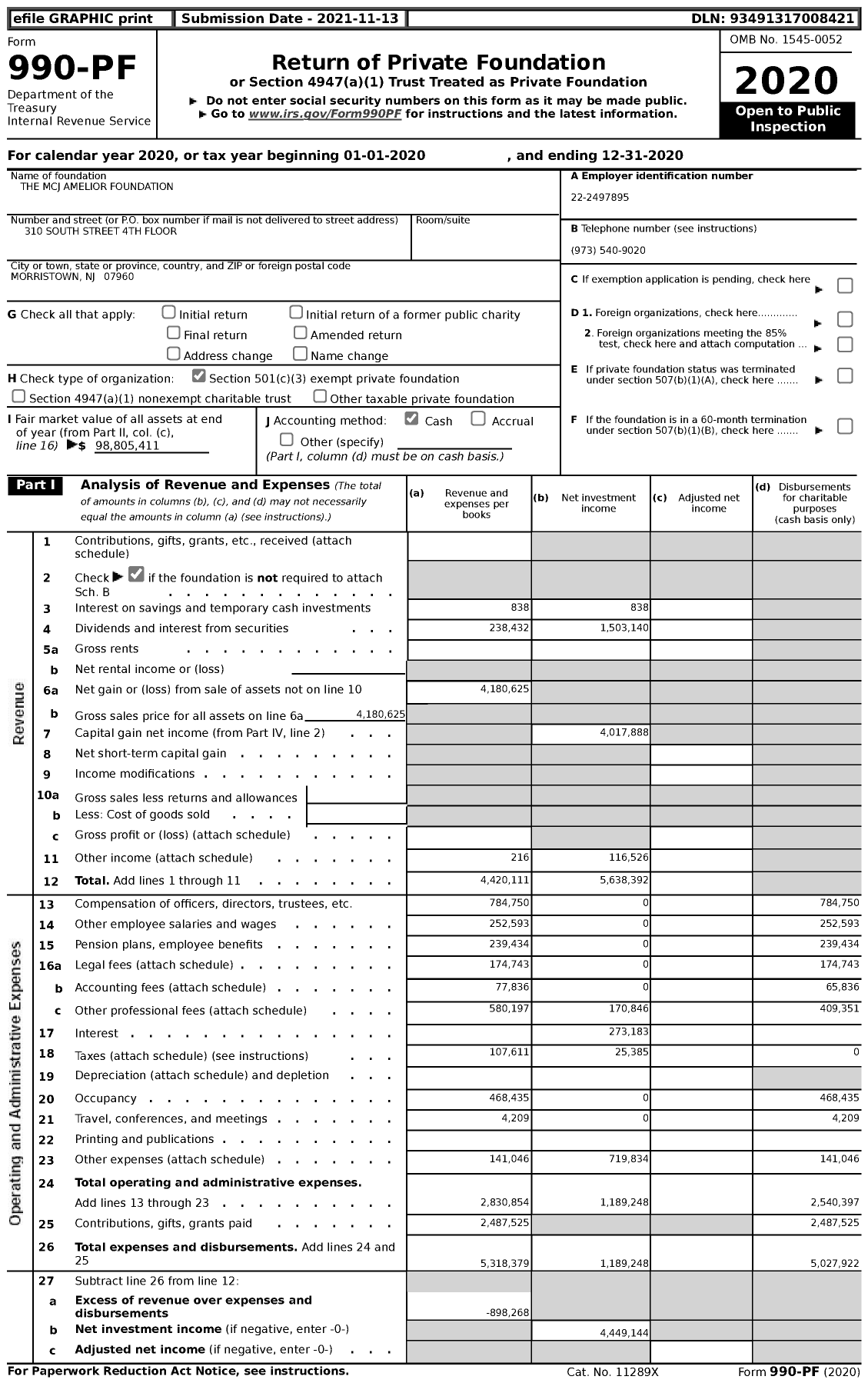 Image of first page of 2020 Form 990PF for MCJ Amelior Foundation