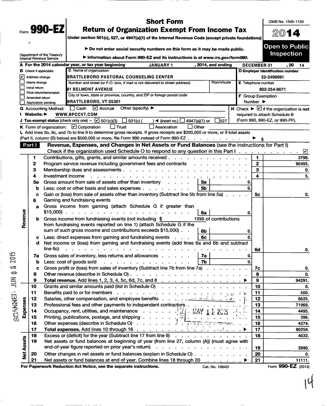 Image of first page of 2014 Form 990EZ for Brattleboro Pastoral Counseling Center