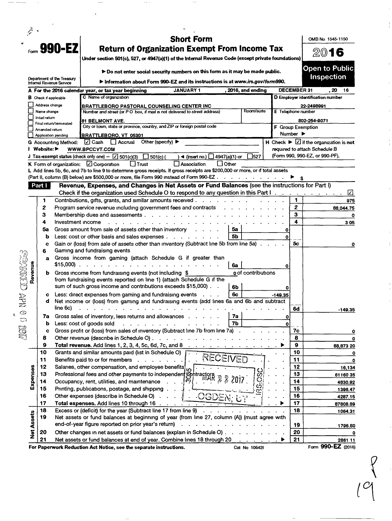 Image of first page of 2016 Form 990EZ for Brattleboro Pastoral Counseling Center