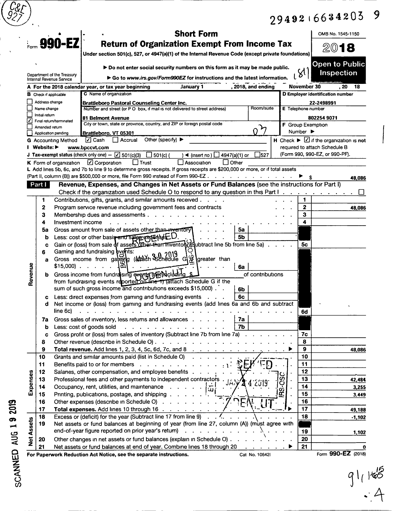 Image of first page of 2017 Form 990EZ for Brattleboro Pastoral Counseling Center