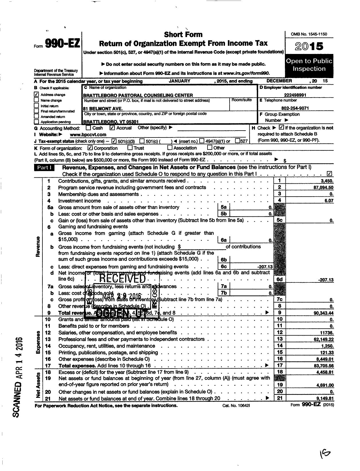 Image of first page of 2015 Form 990EZ for Brattleboro Pastoral Counseling Center