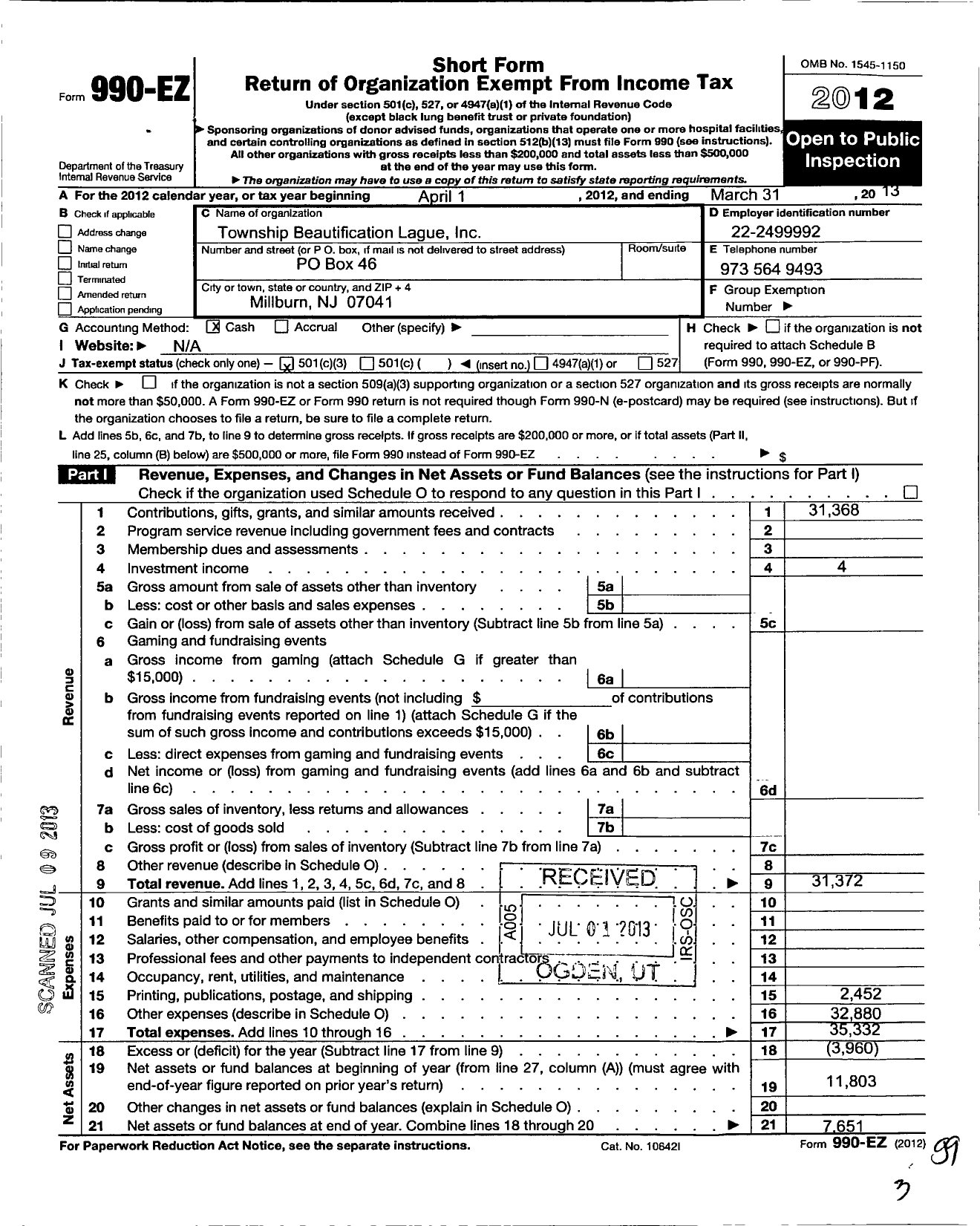 Image of first page of 2012 Form 990EZ for Township Beautification League