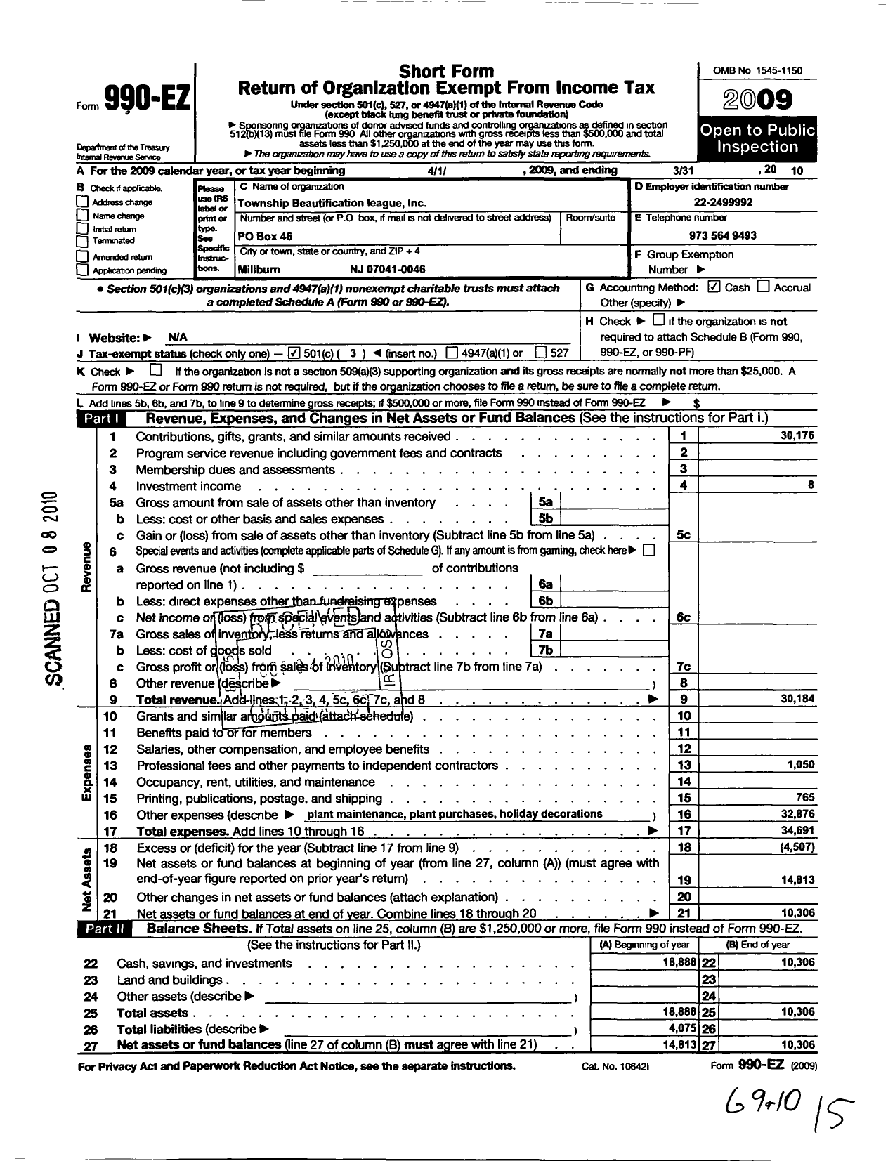 Image of first page of 2009 Form 990EZ for Township Beautification League