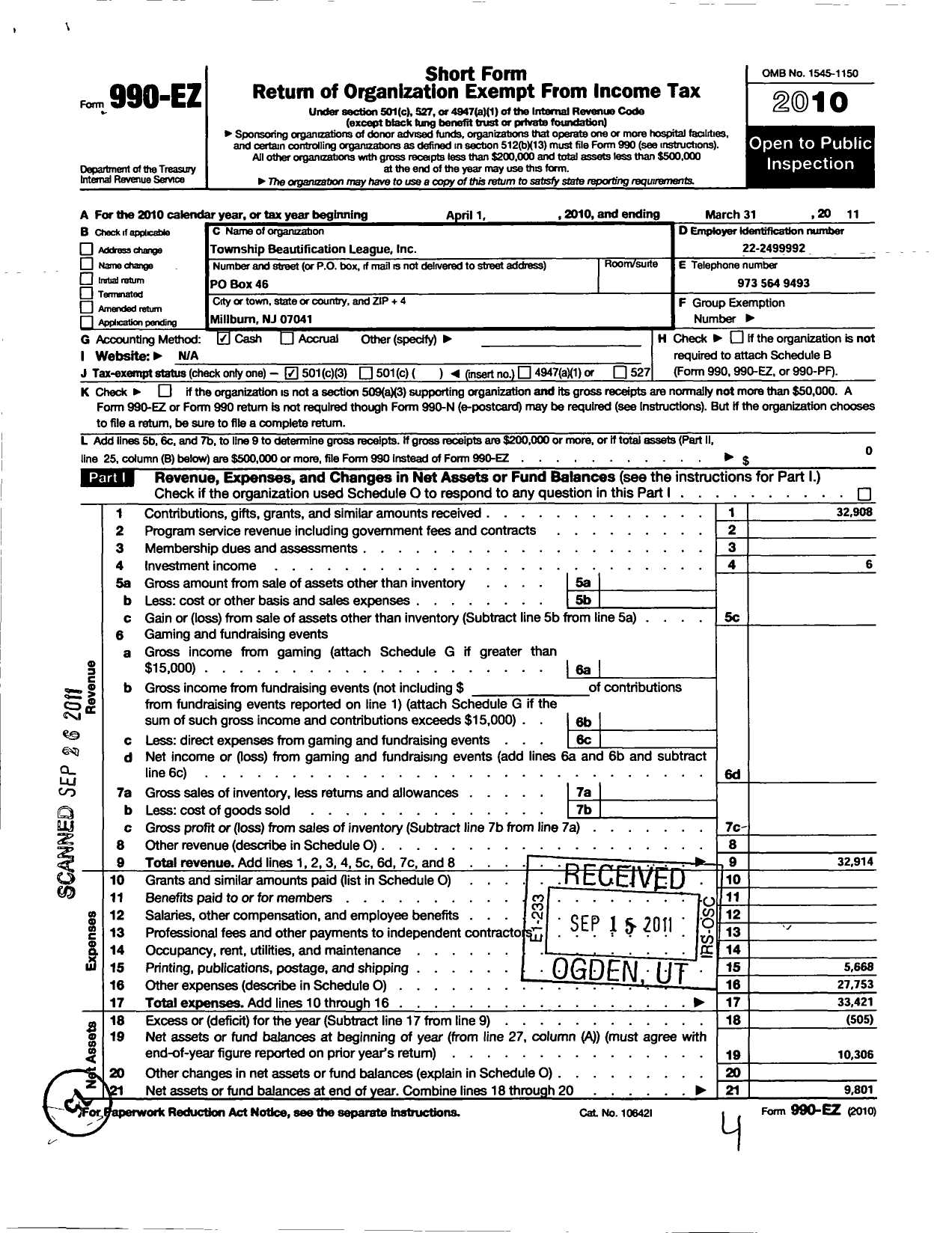 Image of first page of 2010 Form 990EZ for Township Beautification League