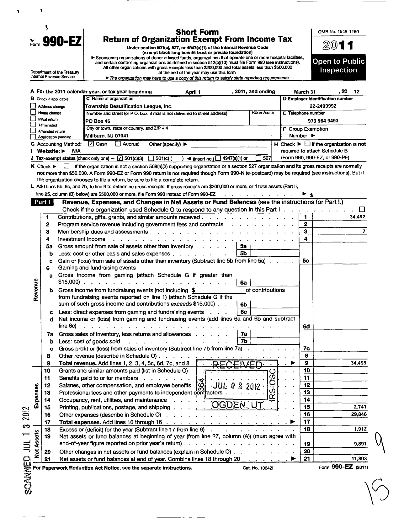 Image of first page of 2011 Form 990EZ for Township Beautification League