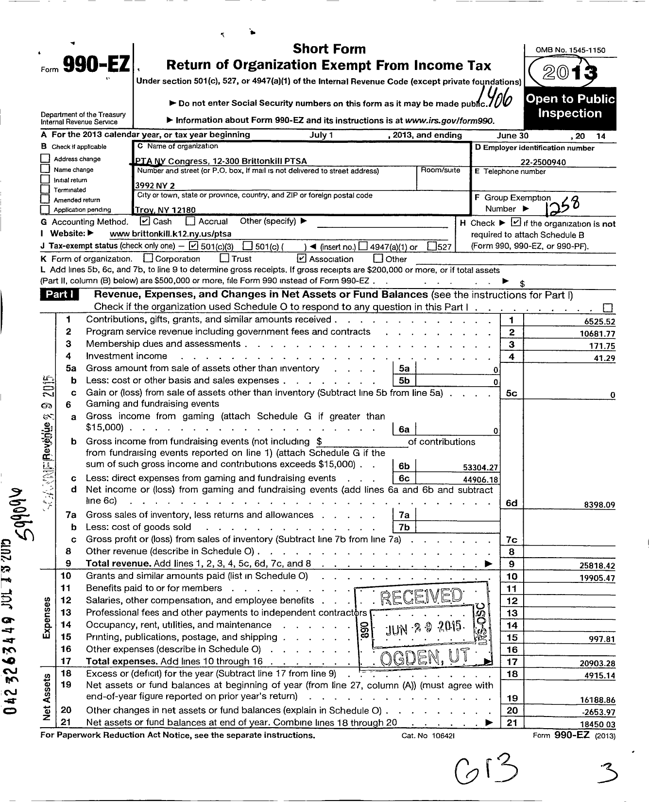 Image of first page of 2013 Form 990EZ for New York State PTA - 12-300 Brittonkill Ptsa