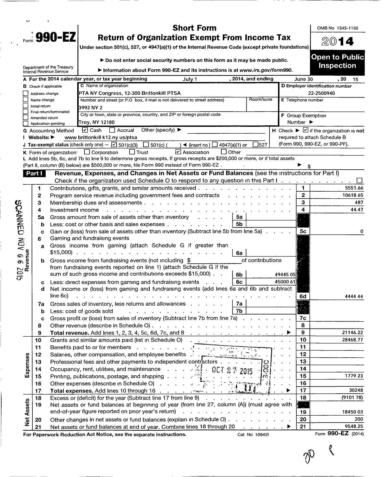 Image of first page of 2014 Form 990EZ for New York State PTA - 12-300 Brittonkill Ptsa