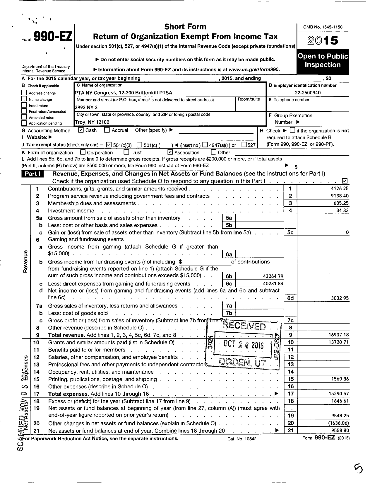 Image of first page of 2015 Form 990EZ for New York State PTA - 12-300 Brittonkill Ptsa